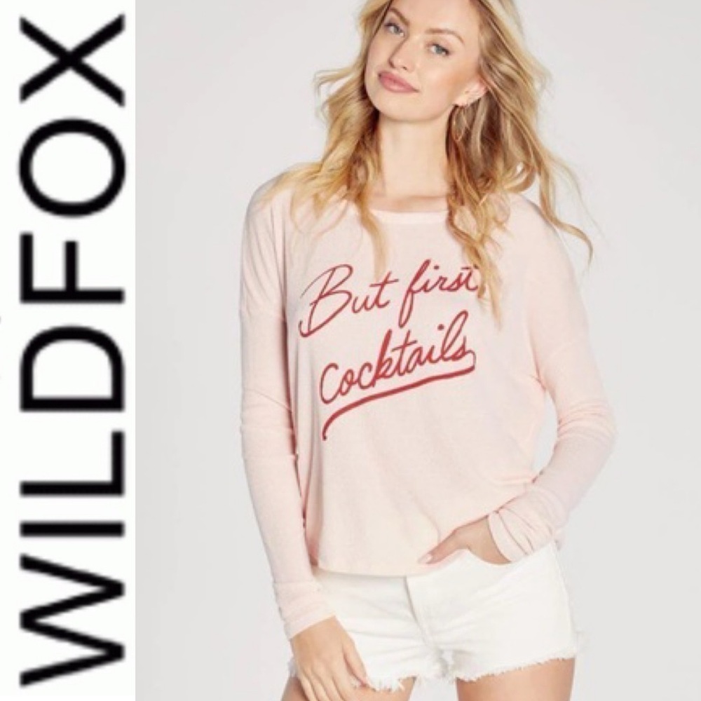 Wild Fox But First Cocktails Sweatshirt Flocked Pink Long Sleeve SWEATER XS